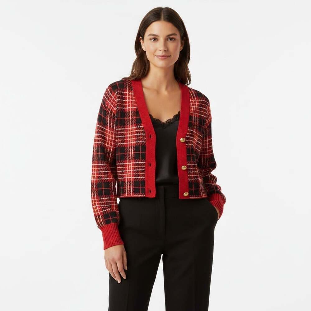 Lovers + Friends Brantley Cardigan XS Red Tartan Plaid Knit Gold Buttons